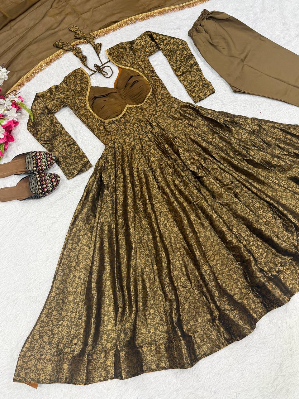 Opulent Mehendi Green Brocade Flared Anarkali Suit Set Featuring a Ruched Sweetheart Neckline, Woven Floral Motifs, and an Elegant Tie-Up Back